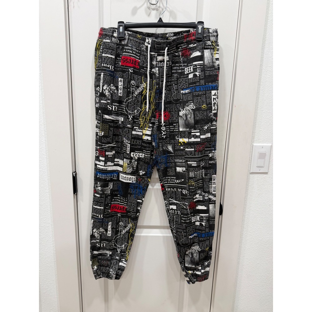 Elwood Mens Newspaper Print Joggers Black Graphic Streetwear Pants XL